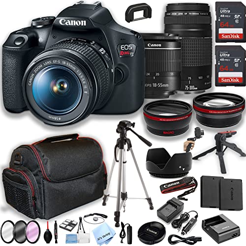 Canon EOS Rebel T7 DSLR Camera w/EF-S 18-55mm is II Zoom Lens + 75-300mm Lens + 2pcs 64GB Memory + Case+ Tripod + Steady Grip Pod + Filters + Macro + 2X Lens + 2X Batteries + More (35pc Bundle)