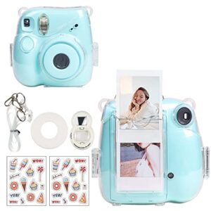 caiyoule clear case for fujifilm instax mini 7+ plus camera case protective case with back photo storage pocket, selfie mirror, stickers and adjustable shoulder strap