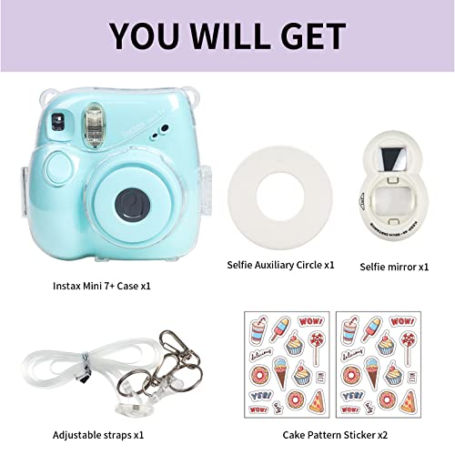 CAIYOULE Clear Case for Fujifilm Instax Mini 7+ Plus Camera Case Protective Case with Back Photo Storage Pocket, Selfie Mirror, Stickers and Adjustable Shoulder Strap