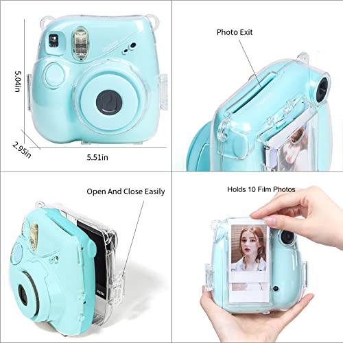 CAIYOULE Clear Case for Fujifilm Instax Mini 7+ Plus Camera Case Protective Case with Back Photo Storage Pocket, Selfie Mirror, Stickers and Adjustable Shoulder Strap