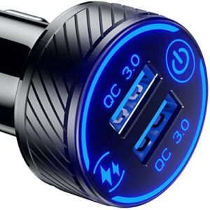 car charger, brcovan dual qc3.0 port usb car charger adapter, 36w 3a fast charge car phone charger with touch switch & blue led