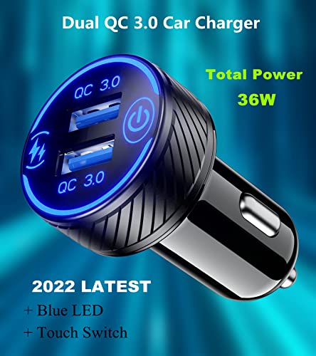 Car Charger, BRCOVAN Dual QC3.0 Port USB Car Charger Adapter, 36W 3A Fast Charge Car Phone Charger with Touch Switch & Blue LED