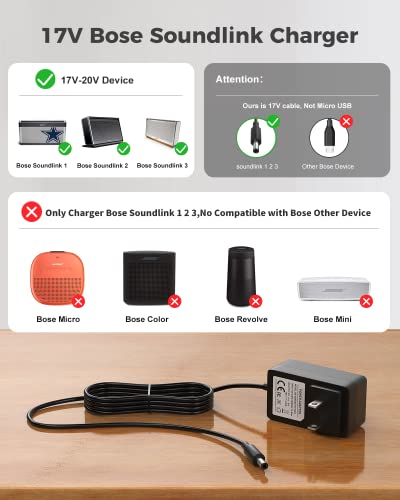 for Bose Soundlink I II III 1 2 3 Charger Bluetooth Speaker Power Cord Replacement 17V-20V Bose Soundlink Portable Wireless Speaker P/N: 306386-101, 369946-1300, 301141, 404600, 414255, S024RU1700100