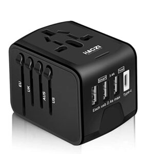 Travel Adapter, HAOZI Universal Travel Adapter - 3 USB + 1 Type C in One Travel Charger with UK/US/AUS/EU Plugs and Socket, International Power Adapter Wall Charger (Black)