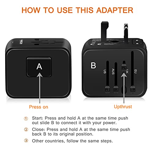 Travel Adapter, HAOZI Universal Travel Adapter - 3 USB + 1 Type C in One Travel Charger with UK/US/AUS/EU Plugs and Socket, International Power Adapter Wall Charger (Black)