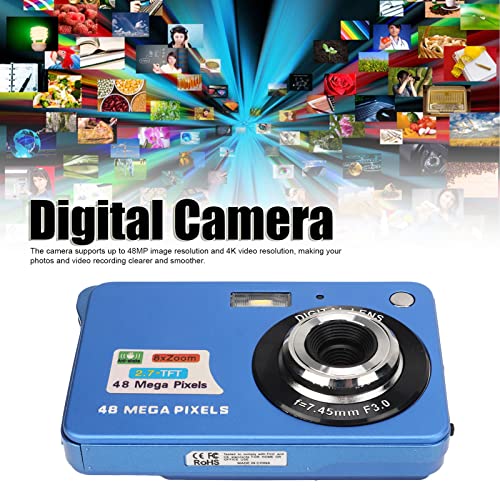 Qiilu Digital Camera Compact, 4K Digital Camera 48MP 2.7in LCD Display 8X Zoom Anti Shake Vlogging Camera for Photography Continuous Shooting (Blue)