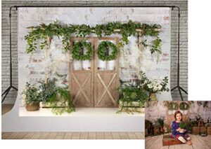 kate white painted brick wall wood door photography backdrops 7x5ft spring green grass and flowers photo backgrounds baby shower backdrop photoshoot props