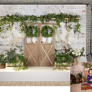 Kate White Painted Brick Wall Wood Door Photography Backdrops 7x5ft Spring Green Grass and Flowers Photo Backgrounds Baby Shower Backdrop Photoshoot Props