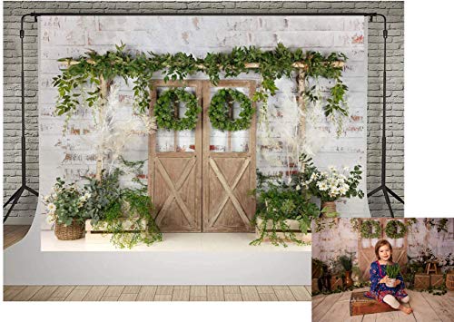 Kate White Painted Brick Wall Wood Door Photography Backdrops 7x5ft Spring Green Grass and Flowers Photo Backgrounds Baby Shower Backdrop Photoshoot Props