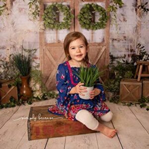 Kate White Painted Brick Wall Wood Door Photography Backdrops 7x5ft Spring Green Grass and Flowers Photo Backgrounds Baby Shower Backdrop Photoshoot Props