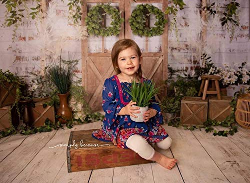 Kate White Painted Brick Wall Wood Door Photography Backdrops 7x5ft Spring Green Grass and Flowers Photo Backgrounds Baby Shower Backdrop Photoshoot Props