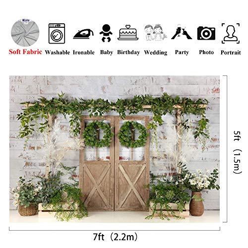 Kate White Painted Brick Wall Wood Door Photography Backdrops 7x5ft Spring Green Grass and Flowers Photo Backgrounds Baby Shower Backdrop Photoshoot Props