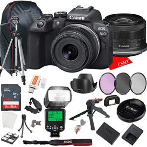 canon eos r10 mirrorless camera w/rf-s 18-45mm f/4.5-6.3 is stm lens + 64gb memory + back pack case + tripod, ttl flash, filters, & more (28pc bundle)