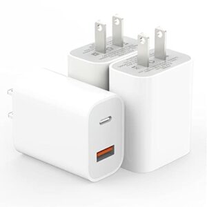 [3-pack] usb c fast wall charger block, 20w dual port qc+pd 3.0 power adapter, fast charging plug box brick cube for iphone11/12/13/14/pro max, xs/xr/x, ipad pro, airpods pro, samsung galaxy and more