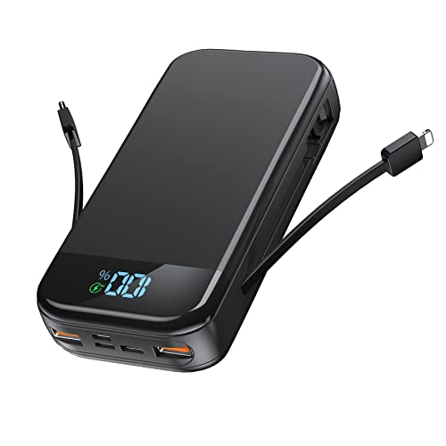 BLJIB Portable Charger 32000mAh, 22.5W QC 3.0 PD 20W Smart LED Display Fast Charging Built in Cables Power Bank, External Battery Pack Charge 5 Devices Compatible with Cellphones (Black)