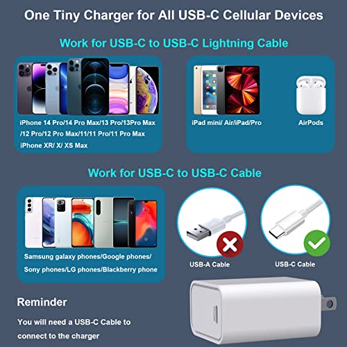 Wall Charger USB C Power Adapter 20W Fast Charger Block PD 3.0 Type C Power Delivery Fast Charging Block for iPhone 14/13/12/11/Pro Max, XS/XR/X, iPad Pro,AirPods, for Samsung Galaxy-Not Include Cable