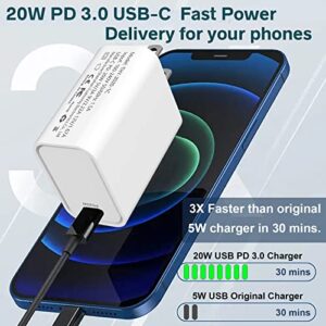 Wall Charger USB C Power Adapter 20W Fast Charger Block PD 3.0 Type C Power Delivery Fast Charging Block for iPhone 14/13/12/11/Pro Max, XS/XR/X, iPad Pro,AirPods, for Samsung Galaxy-Not Include Cable