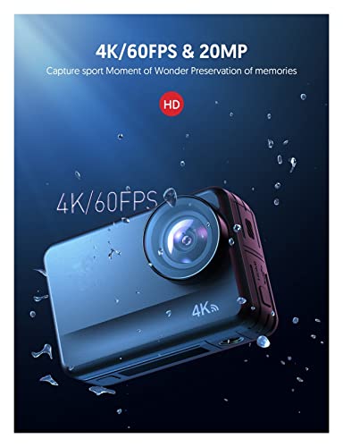 KOVOSCJ Sports Action Camera Action Camera 4K 60FPS 8M Bare Machine Waterproof 20MP Touch Screen EIS Remote Control with 1350mAh Batteries for Vlog Recording