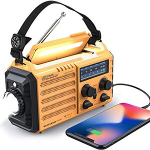 Weather Radio Raynic 5000 Solar Hand Crank Emergency Radio 5 Ways Powered AM/FM/SW/NOAA Weather Alert Portable Radio with Flashlight, Reading Lamp (Yellow)