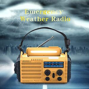 Weather Radio Raynic 5000 Solar Hand Crank Emergency Radio 5 Ways Powered AM/FM/SW/NOAA Weather Alert Portable Radio with Flashlight, Reading Lamp (Yellow)