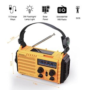 Weather Radio Raynic 5000 Solar Hand Crank Emergency Radio 5 Ways Powered AM/FM/SW/NOAA Weather Alert Portable Radio with Flashlight, Reading Lamp (Yellow)