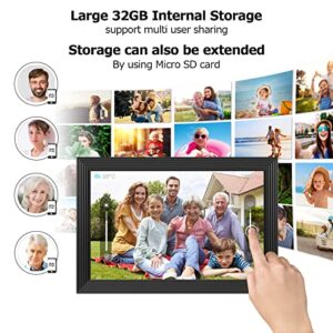 10.1 Inch WiFi Digital Picture Frame, IPS Touch Screen Share Pictures&Videos Via App or Email, Built in 32GB Memory, Support Micro SD Card Extend Storage, Auto-Rotate, Motion Sensor