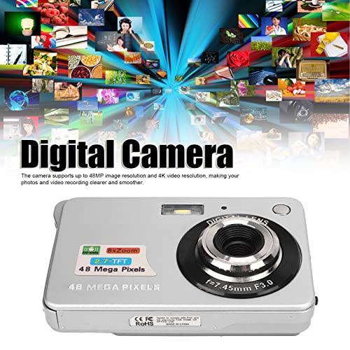 Compact Camera, Digital Camera Anti Shake 48MP Rechargeable 4K 2.7in LCD for Photography (Silver)