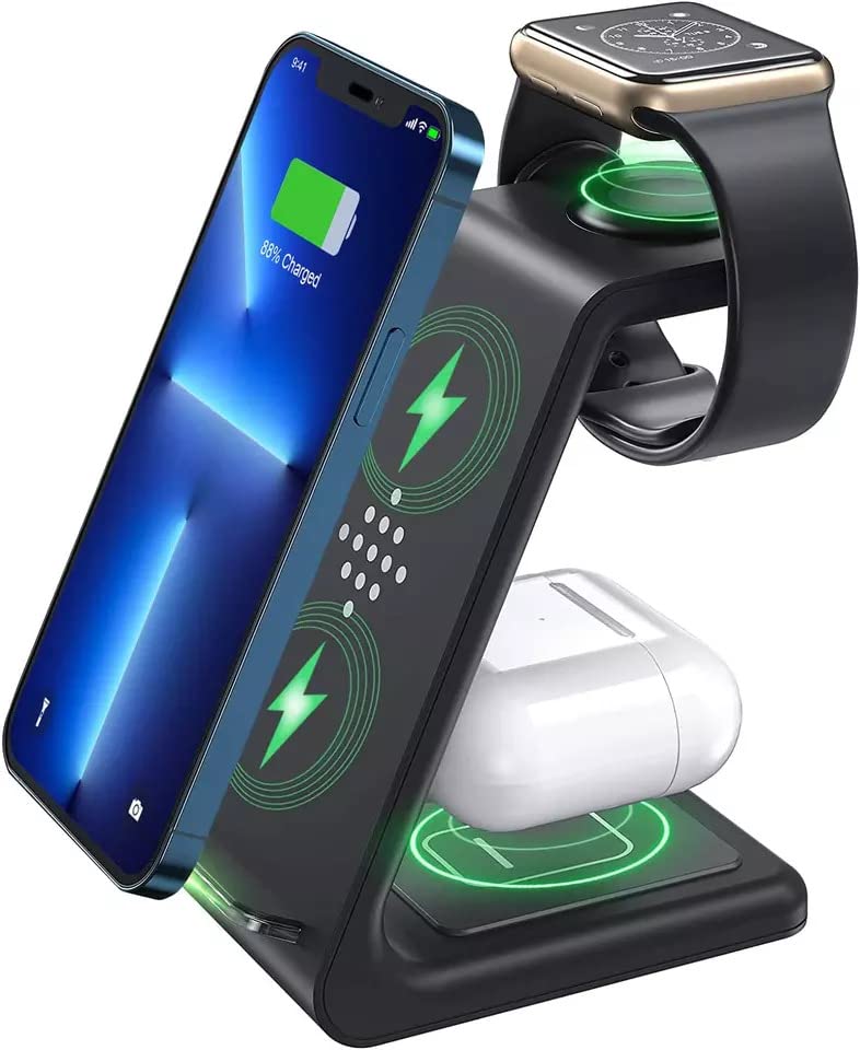 3 in 1 Charging Station - Wireless Charger for iPhone, Apple Watch & AirPods - Fast Charging Stand Dock for Qi-Enabled Phones, Samsung, Android, Smart Watch, Bluetooth Headset