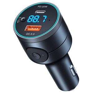 Achifine Bluetooth Car Adapter - FM Bluetooth Transmitter Car/ Music Player /Car Kit for PD 20W & QC3.0 Quick Charge, Hands-Free Calls, Hi-Fi Music, Siri Google Assistant, RGB Backlit, Aux Out