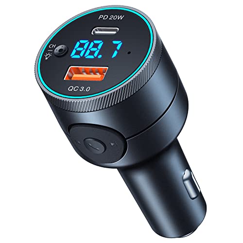 Achifine Bluetooth Car Adapter - FM Bluetooth Transmitter Car/ Music Player /Car Kit for PD 20W & QC3.0 Quick Charge, Hands-Free Calls, Hi-Fi Music, Siri Google Assistant, RGB Backlit, Aux Out