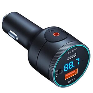 Achifine Bluetooth Car Adapter - FM Bluetooth Transmitter Car/ Music Player /Car Kit for PD 20W & QC3.0 Quick Charge, Hands-Free Calls, Hi-Fi Music, Siri Google Assistant, RGB Backlit, Aux Out