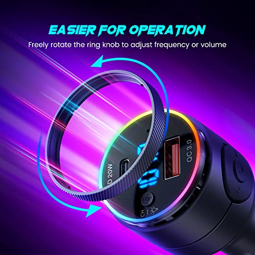 Achifine Bluetooth Car Adapter - FM Bluetooth Transmitter Car/ Music Player /Car Kit for PD 20W & QC3.0 Quick Charge, Hands-Free Calls, Hi-Fi Music, Siri Google Assistant, RGB Backlit, Aux Out