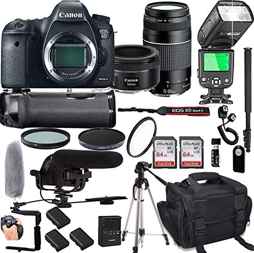 Canon EOS 6D Mark II with 50mm f/1.8 STM Prime Lens + 75-300mm III Lens + 128GB Memory + Pro Battery Bundle + Power Grip + TTL Speed Light + Pro Filters,(24pc Bundle)