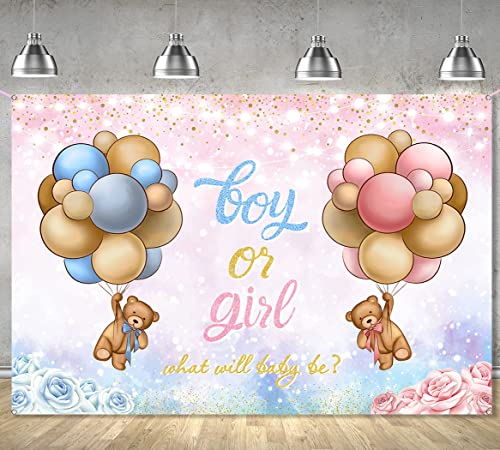 Gender Reveal Decoration- Baby Bear Boy or Girl Backdrop,Bear Baby Shower Pink and Blue Photo Booth Background for Boy Girls Gender Reveal Party Decoration