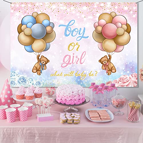 Gender Reveal Decoration- Baby Bear Boy or Girl Backdrop,Bear Baby Shower Pink and Blue Photo Booth Background for Boy Girls Gender Reveal Party Decoration