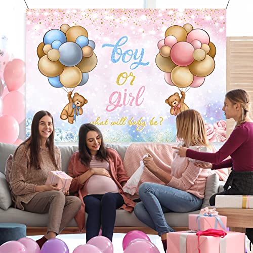 Gender Reveal Decoration- Baby Bear Boy or Girl Backdrop,Bear Baby Shower Pink and Blue Photo Booth Background for Boy Girls Gender Reveal Party Decoration