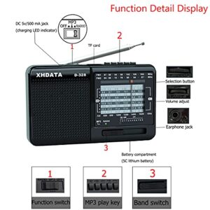 XHDATA D-328 Shortwave AM FM DSP Portable Small Multi Band Radio Stereo MP3 Player with Rechargeable Battery Earphone Jack Portable Multimedia Speaker with USB Micro SD Card Jack (Black)