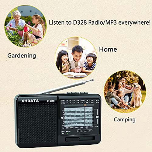 XHDATA D-328 Shortwave AM FM DSP Portable Small Multi Band Radio Stereo MP3 Player with Rechargeable Battery Earphone Jack Portable Multimedia Speaker with USB Micro SD Card Jack (Black)