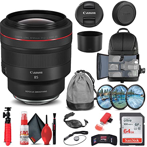 Canon RF 85mm f/1.2L USM DS Lens (3450C002) + Filter Kit + Backpack + 64GB Card + Card Reader + Flex Tripod + Memory Wallet + Cap Keeper + Cleaning Kit + Hand Strap + More (Renewed)