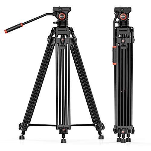 GEEKOTO Video Tripod System, 72 inches Heavy Duty Tripod, Professional Aluminum Twin Tube Tripod, K3 Fluid Head, Mid-Level Spreader, Max Loading 33 LB, 360 Degree Fluid Head for DSLR Camcorder Camera