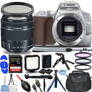 canon eos 250d with ef-s 18-55mm f/4-5.6 is stm lens (silver) – 15pc accessory bundle includes: sandisk extreme pro 64gb sd, led light, 3pc filter, vnd filter, tripod, gadget bag and more
