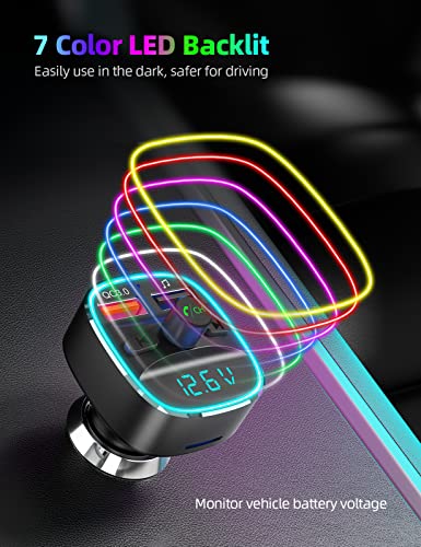 Nulaxy Bluetooth FM Transmitter for Car,Bluetooth Car Adapter with Dual USB Charging Car Charger MP3 Player Support TF Card & USB Disk,Hands Free Calling,7 Colors Led Backlit Light