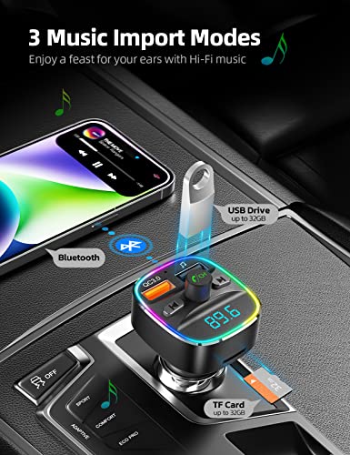 Nulaxy Bluetooth FM Transmitter for Car,Bluetooth Car Adapter with Dual USB Charging Car Charger MP3 Player Support TF Card & USB Disk,Hands Free Calling,7 Colors Led Backlit Light