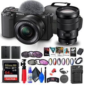 sony zv-e10 mirrorless camera with 16-50mm lens (black) (ilczv-e10l/b) + sony 18-105mm lens + 64gb card + color filter kit + filter kit + corel photo software + bag + npf-w50 battery + more (renewed)