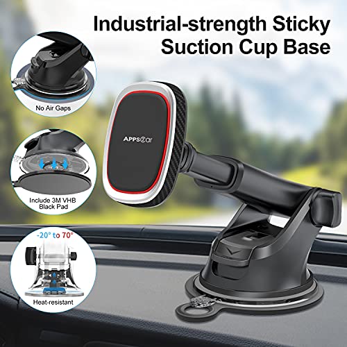 APPS2Car Suction Cup Magnetic Phone Mount for Car, Universal Dashboard Windshield Magnet Phone Holder Compatible with All Smartphones, Built-in 6 N52 Magnets