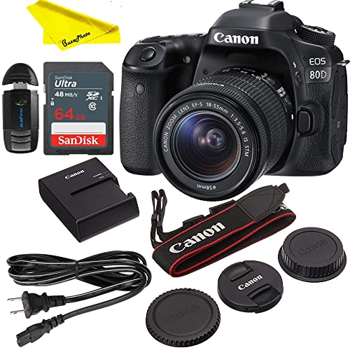 EOS 80D Digital SLR Kit with EF-S 18-55mm f/3.5-5.6 Image Stabilization STM Lens (Black) + 64GB Basic Accessories Bundle