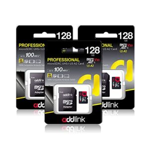 addlink microsdxc 128gb 3-pack + adapter uhs-1 u4 v30, compatible for android smartphones, camera, dash cam tablets, go pro, dji drone & fire tablet (ad128gbmsxu3ax3)