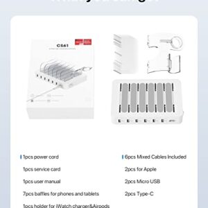 SooPii Premium 6-Port USB Charging Station Organizer for Multiple Devices, 6 Short Charging Cables and One Upgraded i-Watch Charger Holder Included, for Phones, Tablets, and Other Electronics, White