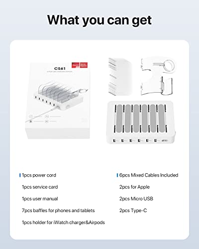 SooPii Premium 6-Port USB Charging Station Organizer for Multiple Devices, 6 Short Charging Cables and One Upgraded i-Watch Charger Holder Included, for Phones, Tablets, and Other Electronics, White