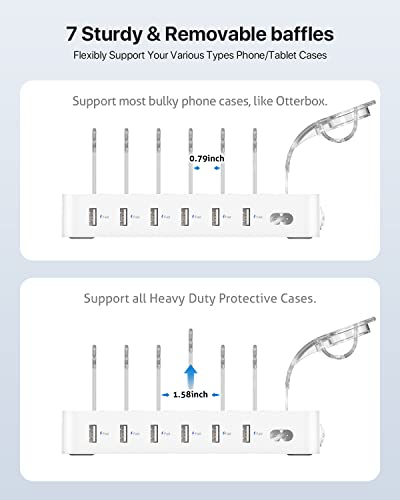 SooPii Premium 6-Port USB Charging Station Organizer for Multiple Devices, 6 Short Charging Cables and One Upgraded i-Watch Charger Holder Included, for Phones, Tablets, and Other Electronics, White